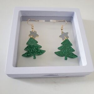 Green Glitter Christmas Tree Earrings Gold Star Acrylic Holiday Dangle Hooks